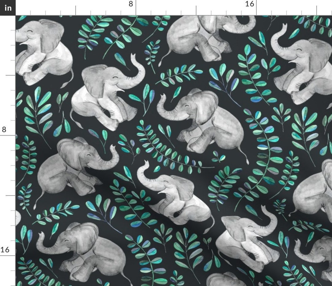 Baby Elephant Fabric Laughing Baby Elephants With Emerald and Turquoise