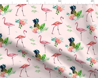 Flamingo Fabric - Flamingo Floral Park With Aqua White Flowers - Pink By Shopcabin - Flamingo Cotton Fabric By The Yard With Spoonflower