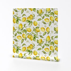 Lemon Wallpaper Lemon Blossoms By Laurapol Watercolor Fruit Citrus Custom Printed Removable Self Adhesive Wallpaper Roll by Spoonflower image 1