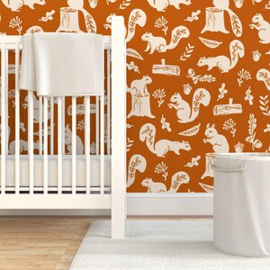 Fall Wallpaper - Squirrels Linocut Fall Autumn By Andrea Lauren - Custom Printed Removable Self Adhesive Wallpaper Roll by Spoonflower image 6