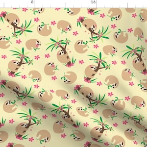May include: A seamless pattern featuring brown sloths hanging upside down from palm trees with pink flowers on a light yellow background.
