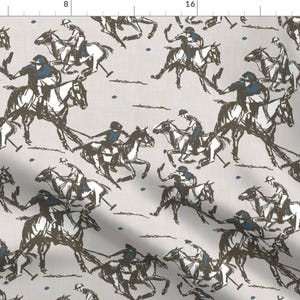 May include: A repeating pattern fabric featuring polo players on horseback, rendered in a sketch-like style. The riders are in dark brown and blue, set against a light grey backdrop. The design conveys a sense of motion and activity.