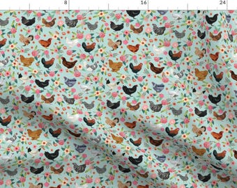 May include: A seamless pattern featuring a variety of colorful chickens and floral designs on a light blue background.