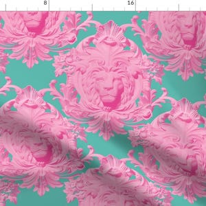 Maximalist Lions Fabric - Preppy Lion by kwmeredith - Pink Aqua Damask Lions Head Bright Neon Fabric by the Yard by Spoonflower