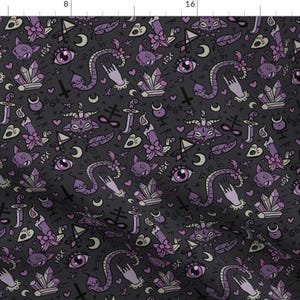 Spooky Fabric - Cute Occult In Dark By Pinkindetroit- Halloween Cute Gray Purple Black Magic Goth Cotton Fabric By The Yard With Spoonflower