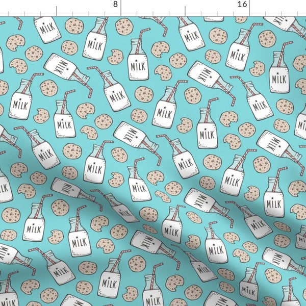 Biscuits And Milks Fabric - Milk And Cookies On Aqua By Caja Design - Break Time Pause Snacks Fun Cotton Fabric By The Yard With Spoonflower