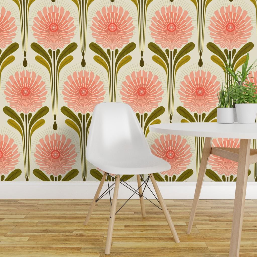 Pink Floral Peel and Stick Wallpaper - Green Abstract Botanical Leaves ...