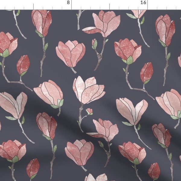 Pink Magnolia Fabric - Magnolia Blooms On Grey By Lavish Season - Boho Floral Spring Modern Decor Cotton Fabric By The Yard With Spoonflower