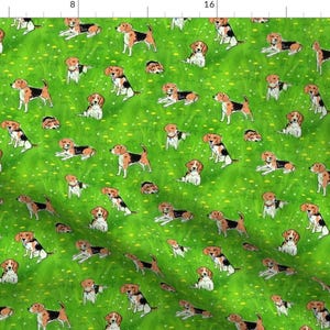 May include: A repeating pattern of beagle dogs in various poses on a bright green background with small yellow flowers. The dogs are primarily brown, black, and white, creating a playful and cheerful design. This pattern is suitable for fabric or wallpaper.