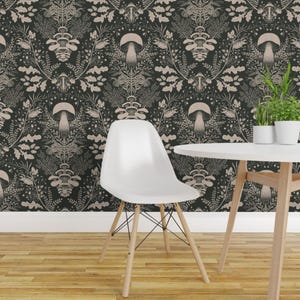 Woodland Wallpaper - Mushroom Forest Damask By Denesannadesign - Gray Beige Leaves Removable Self Adhesive Wallpaper Roll by Spoonflower