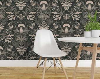 Woodland Wallpaper - Mushroom Forest Damask By Denesannadesign - Gray Beige Leaves Removable Self Adhesive Wallpaper Roll by Spoonflower