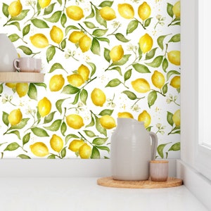 Lemon Wallpaper - Lemon Blossoms By Laurapol - Watercolor Fruit Citrus Custom Printed Removable Self Adhesive Wallpaper Roll by Spoonflower