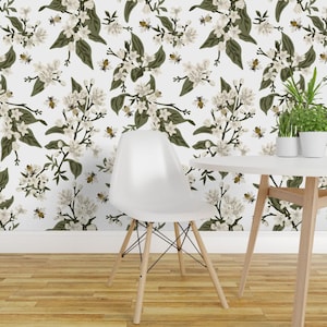 Carta da parati adesiva stile giardino rustico - Elegante decorazione floreale per matrimoni - Decorazione murale rimovibile - Fiori e api di fernlesliestudio