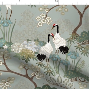 Crane Chinoiserie Fabric - Japanese Garden Sage by juditgueth - Sakura Cherry Blossom Floral Gardens Fabric by the Yard by Spoonflower