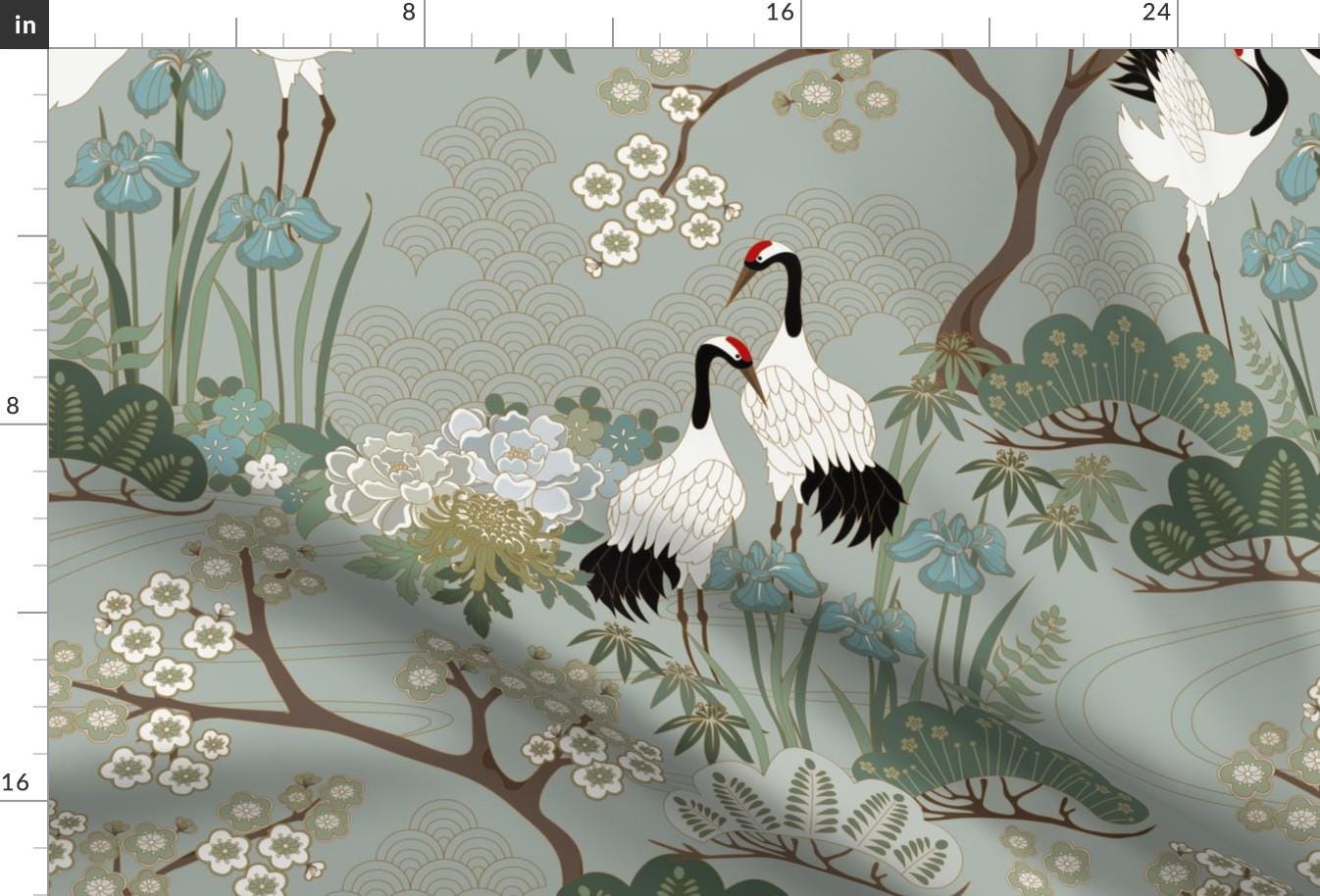 Crane Chinoiserie Fabric - Japanese Garden Sage by juditgueth - Sakura Cherry Blossom Floral Gardens Fabric by the Yard by Spoonflower