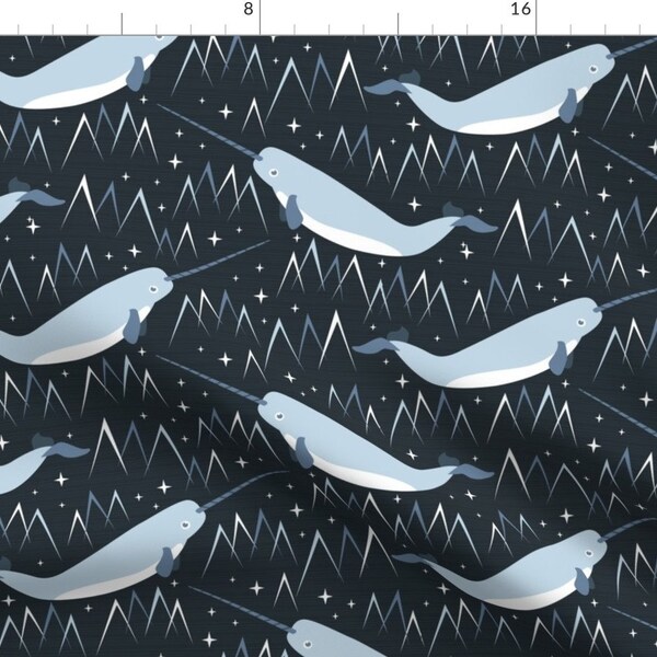 Narwhal Fabric - Icy Narwhals By Robyriker - Narwhal Arctic Animal Whale Horn Icy Ocean Sea Blue Cotton Fabric By The Yard With Spoonflower