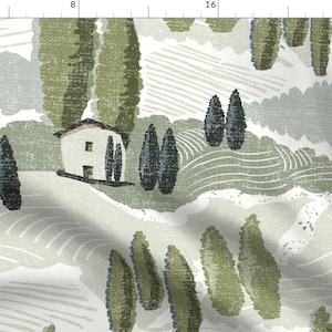 May include: A white background with a repeating pattern of green trees and a small white house. The trees are stylised and have a textured look. The house has a brown roof and a white door.