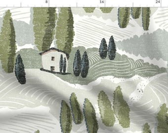 Green Fabric - Italian Cypress Landscape  by nancy_bradham -  Italian Country Trees Landscape House Farm Fabric by the Yard by Spoonflower