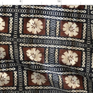 May include: Textile featuring a repeating pattern of dark blue, brown, and cream floral and geometric designs. The pattern includes square and rectangular shapes with floral motifs.
