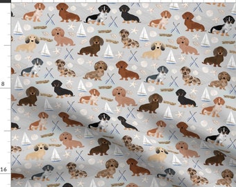 Dachshund Fabric - Doxie Coastal Fabric - Dogs At The Coast Summer Sand Gray By Petfriendly - Dog Cotton Fabric By The Yard With Spoonflower