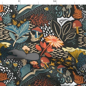Autumn Fabric - Spellbound by rebelrustudio - Botanical Seasonal Moody Mushrooms Black Teal Yellow Red  Fabric by the Yard by Spoonflower