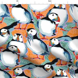 Canadian Wildlife Fabric - Atlantic Puffins By Heidi-Abeline - Penguin Animals Arctic Orange Teal Cotton Fabric By The Yard With Spoonflower