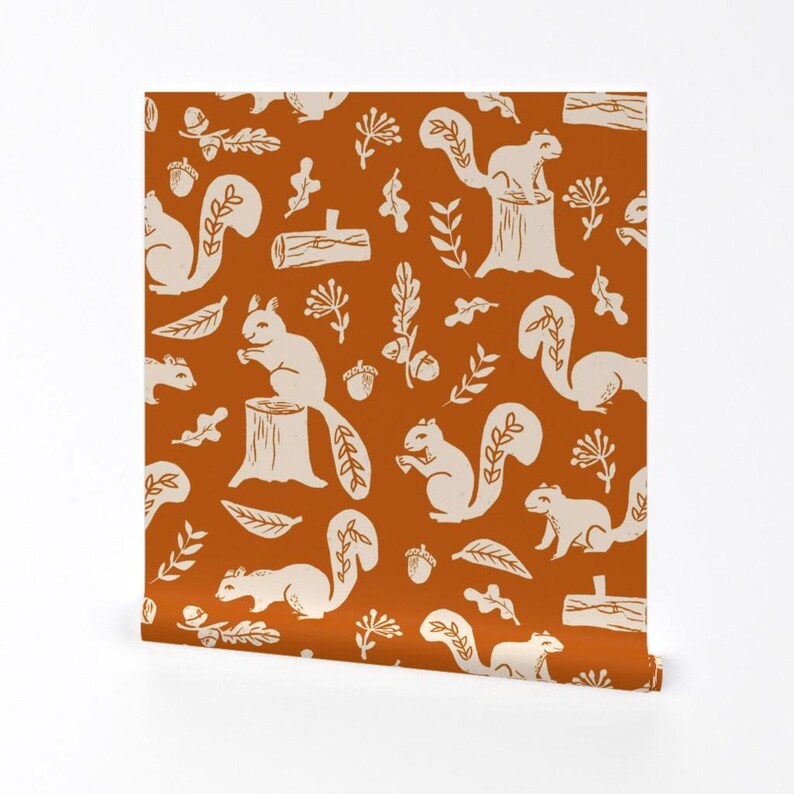 Fall Wallpaper - Squirrels Linocut Fall Autumn By Andrea Lauren - Custom Printed Removable Self Adhesive Wallpaper Roll by Spoonflower image 2