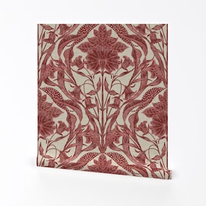 Ruby Red Floral Removable Peel and Stick Wallpaper - Block Print Traditional Folk Art - Wall Art Wall Decor - Block Print by smokeinthewoods