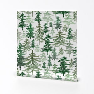 Woodland Pines Wallpaper - Rustic Forest Trees White By Hipkiddesigns - Green Pine Forest Gender Neutral Baby Wallpaper with Spoonflower