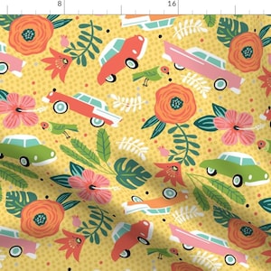 Cuba Fabric - Cuban Holiday By Cynthiafrenette - Cuba Cars Hibiscus Floral Tropical Colorful Dots Cotton Fabric By The Yard With Spoonflower