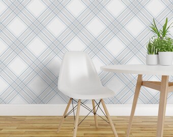 Diagonal Plaid Peel and Stick Wallpaper - Neutral Check Classic Scottish - Removable Wall Decor Art - Grey And Blue Tartan by cheerythoughts