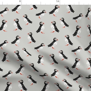 Puffin Fabric - Puffin Party Light Grey By Taraput - Puffin Arctic Bird Cute Animal Black White Cotton Fabric By The Yard With Spoonflower