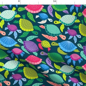 Turtle Fabric - Colorful Sea Turtles By Heleen Vd Thillart - Black Bright Tortoise Ocean Beach Cotton Fabric By The Yard With Spoonflower
