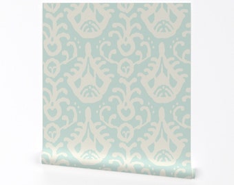 Teal Blue Abstract Wallpaper - Ikat In Mint By Domesticate - Ikat Custom Printed Removable Self Adhesive Wallpaper Roll by Spoonflower