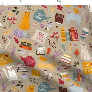 Cozy Reading Fabric - Purr-Fect Reading Corner By Diseminger - Library Cat Tea Floral Books Novel Cotton Fabric By The Yard With Spoonflower