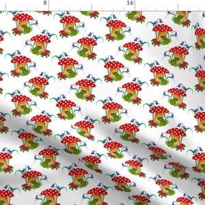 Toad Stools Fabric - Frog Finds Shelter By Linsart - Toad Stools Frogs Floral Watercolor Mushroom Cotton Fabric By The Yard With Spoonflower