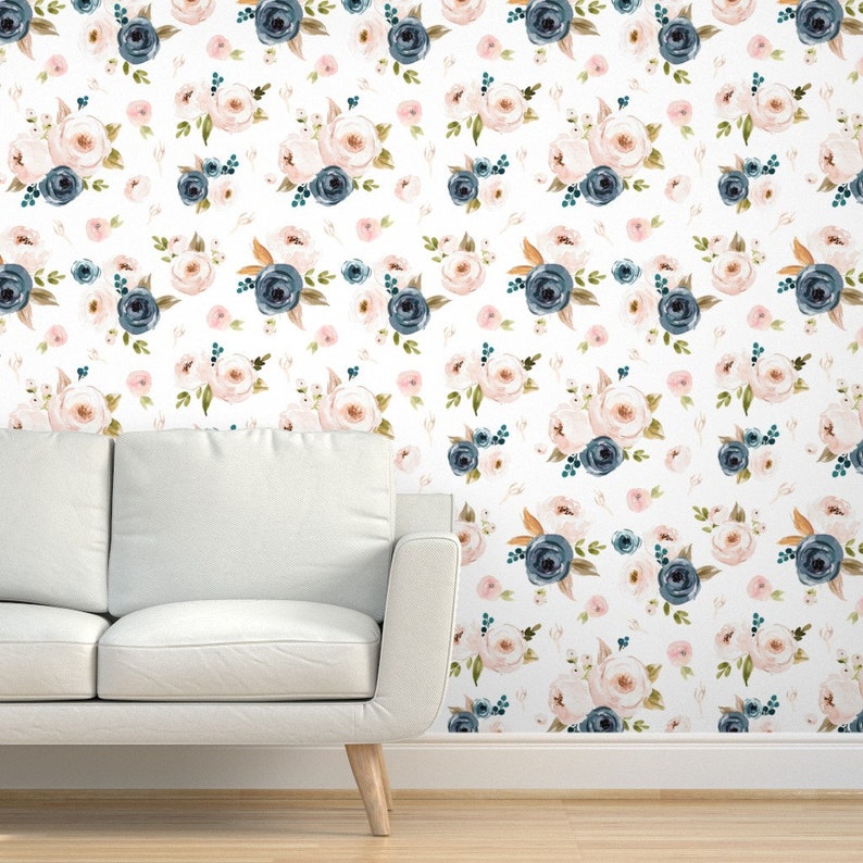 Floral Wallpaper Blush and Blue by Etsy