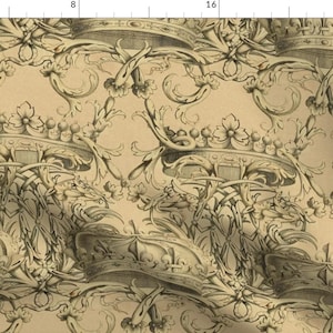 May include: A vintage style fabric design featuring a repeating pattern of ornate crowns and swirling foliage in shades of brown and beige.