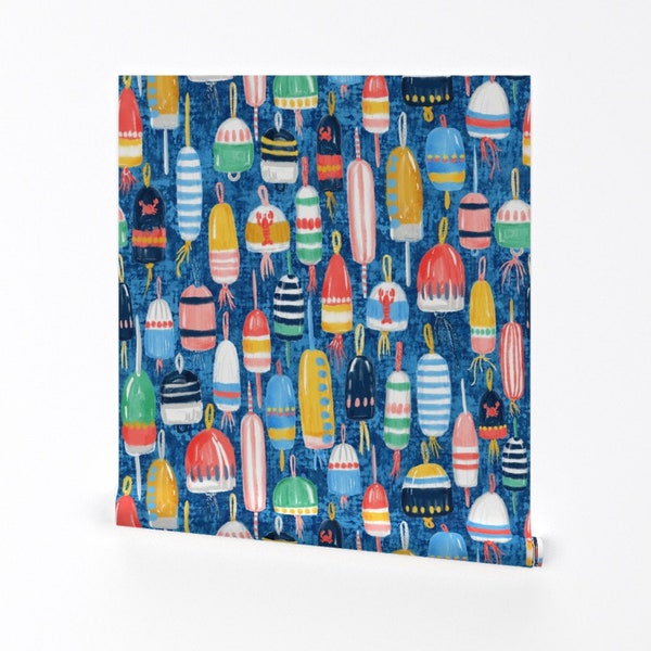 Nautical Buoy Wallpaper - Lobster Buoys Maximalism 14" By Helenpdesigns - Bright Colorful Sailing Maritime Ocean Wallpaper with Spoonflower