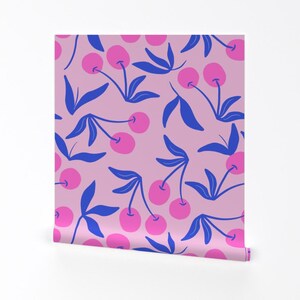 Bold Summer Fruit Removable Peel and Stick Wallpaper - Pink Bright Vibrant Cherry - Wall Art Wall Decor - Fresh Cherries On Pink by tarareed