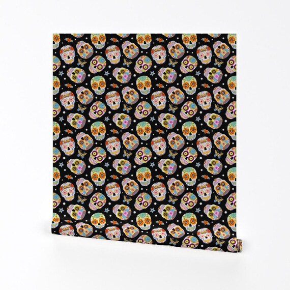 Halloween Wallpaper - Sugar Skulls Black By Mirabelleprint - Day of the Dead Custom Removable Self Adhesive Wallpaper Roll by Spoonflower