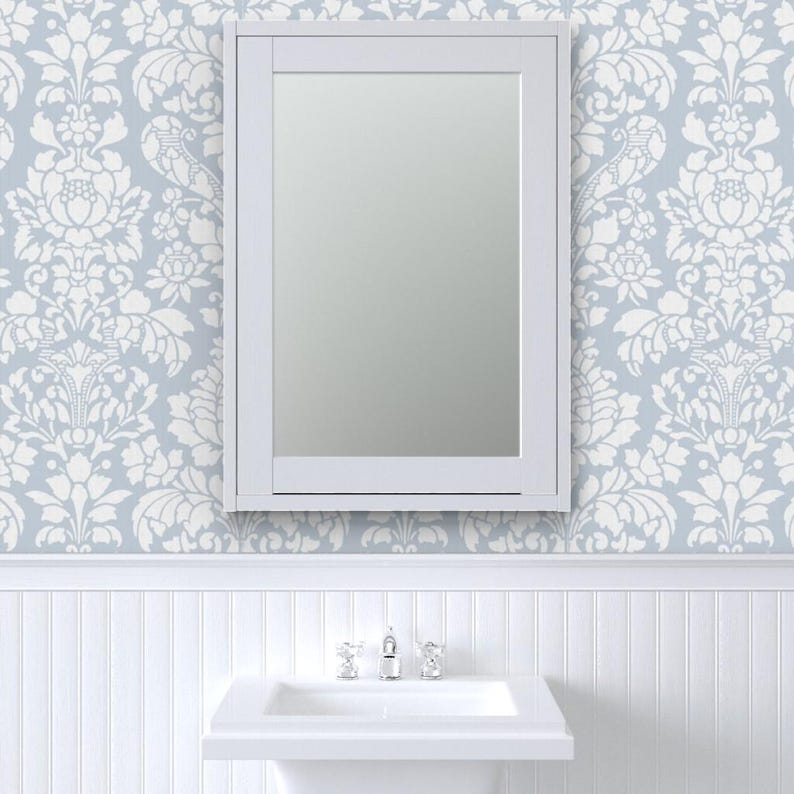 Damask Wallpaper - Balmoral Damask Large White Versailles Fog By Peacoquettedesigns - Custom Printed Adhesive Wallpaper Roll by Spoonflower image 8