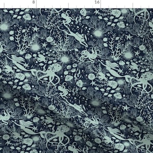 Diver Mermaid Fabric - No Ordinary Love By Iaclinda - Blue Underwater Nautical Fairytale Sea Cotton Fabric By The Yard With Spoonflower