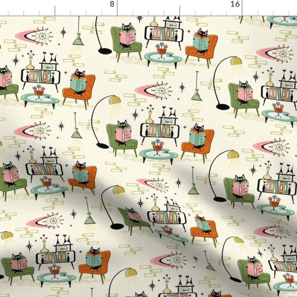 Cats Fabric - Cozy Cats Den Medium by studioxtine - Retro Fifties Atomic Mid Century Mod Black Cat Reading Fabric by the Yard by Spoonflower