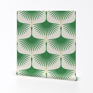 Art Deco Wallpaper - Art Deco Swans By Katerhees - Green Beige Nautical 1920s Bird Removable Self Adhesive Wallpaper Roll by Spoonflower
