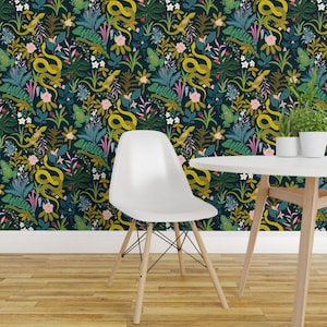 Reptilia Wallpaper - Jungle Reptiles By Aliz Arteta - Black Green Tropical Leaves Bold Removable Self Adhesive Wallpaper Roll by Spoonflower