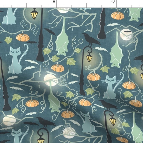 Cats Fabric - Bat And Cats By Vicki Larner - Cat Pastel Blue Jumbo Halloween Spooky Scary Pumpkin Cotton Fabric By The Yard With Spoonflower