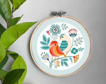 Birds Embroidery Template on Cotton - Love Birds By Geetanjali - Spring Garden Embroidery Pattern for 6" Hoop Custom Printed by Spoonflower