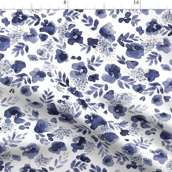 Blue Watercolor Floral Fabric - Floret Flower Print In Indigo Navy By Mjmstudio - Floral Cotton Fabric By The Yard With Spoonflower