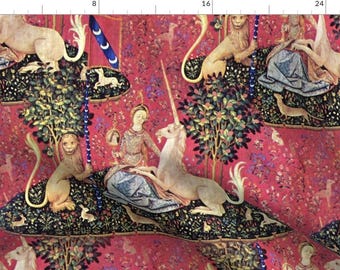 Medieval Art Fabric - The Lady The Unicorn Tapestry By Peacoquettedesigns - Antique Vintage Style Cotton Fabric By The Yard With Spoonflower